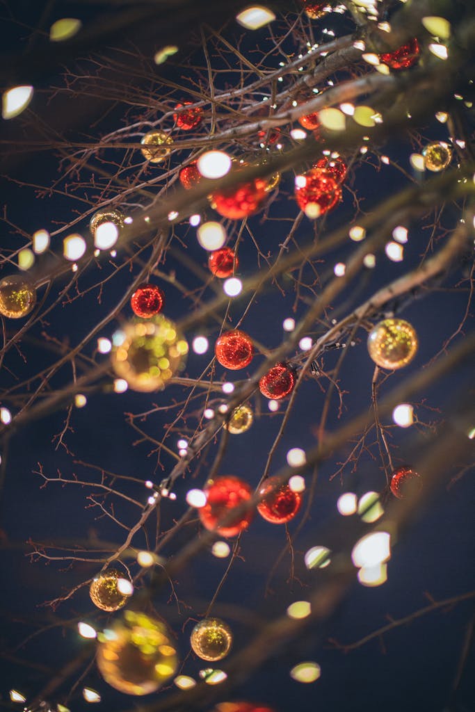 Bare tree with glossy Christmas toys and lights against dark sky